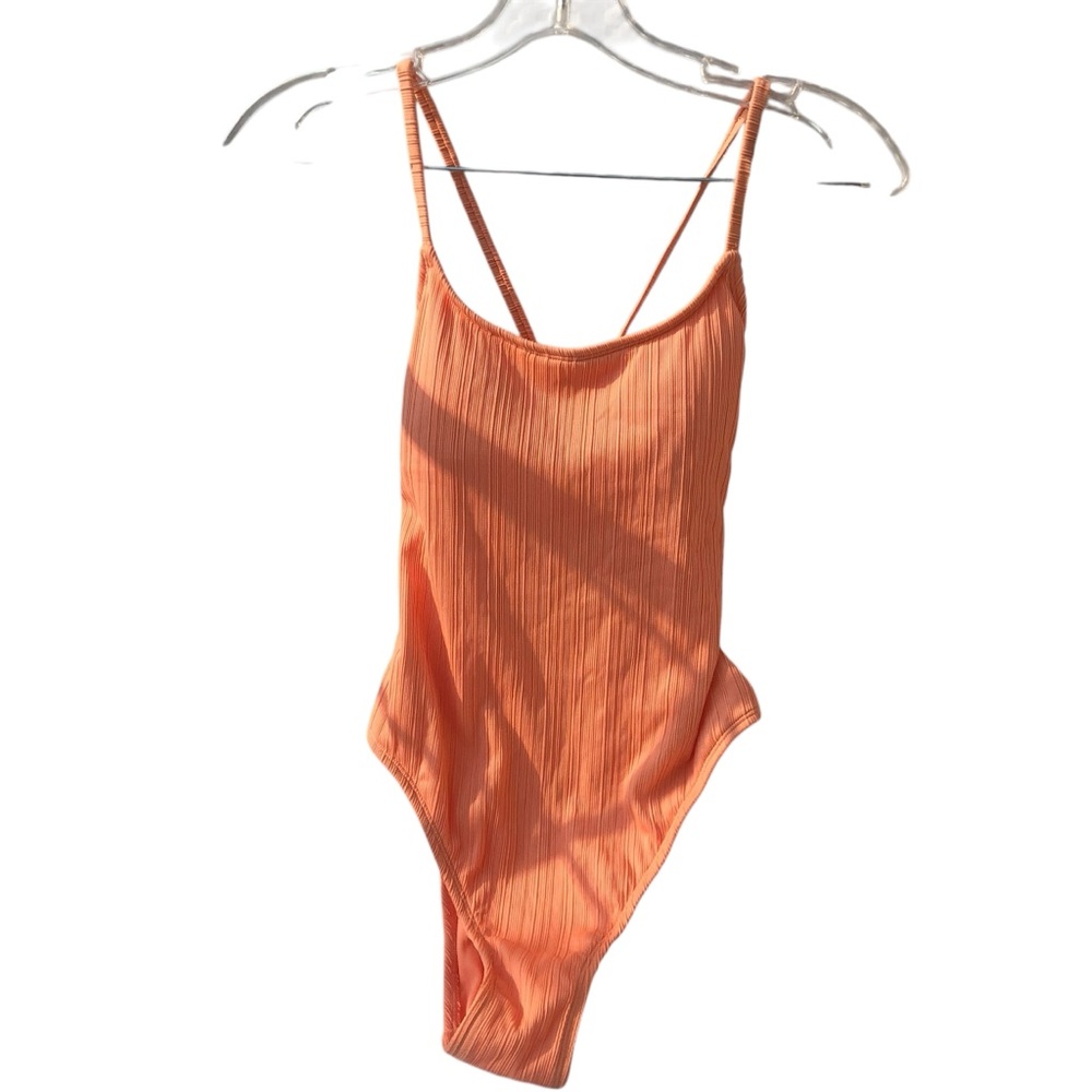 NWOT Xhilaration Tangerine Orange Peach Ribbed Backless One-Piece Swimsuit - Picture 4 of 16